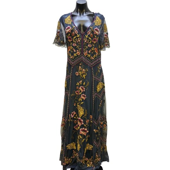 Sundance Embroidered Maxi Dress W/Slip Teal Floral V-Neck M - Picture 1 of 8